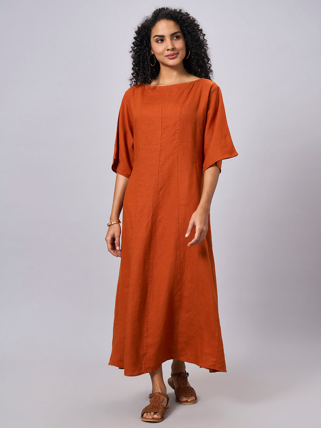Women's Rust 100% Linen Regular Fit Dress