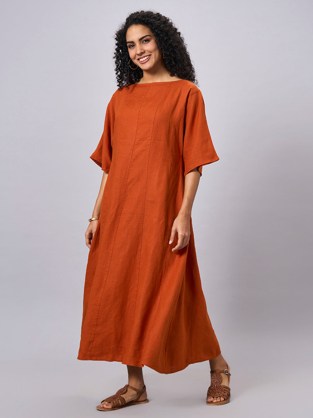 Women's Rust 100% Linen Regular Fit Dress