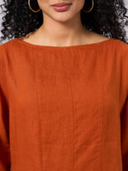 Women's Rust 100% Linen Regular Fit Dress
