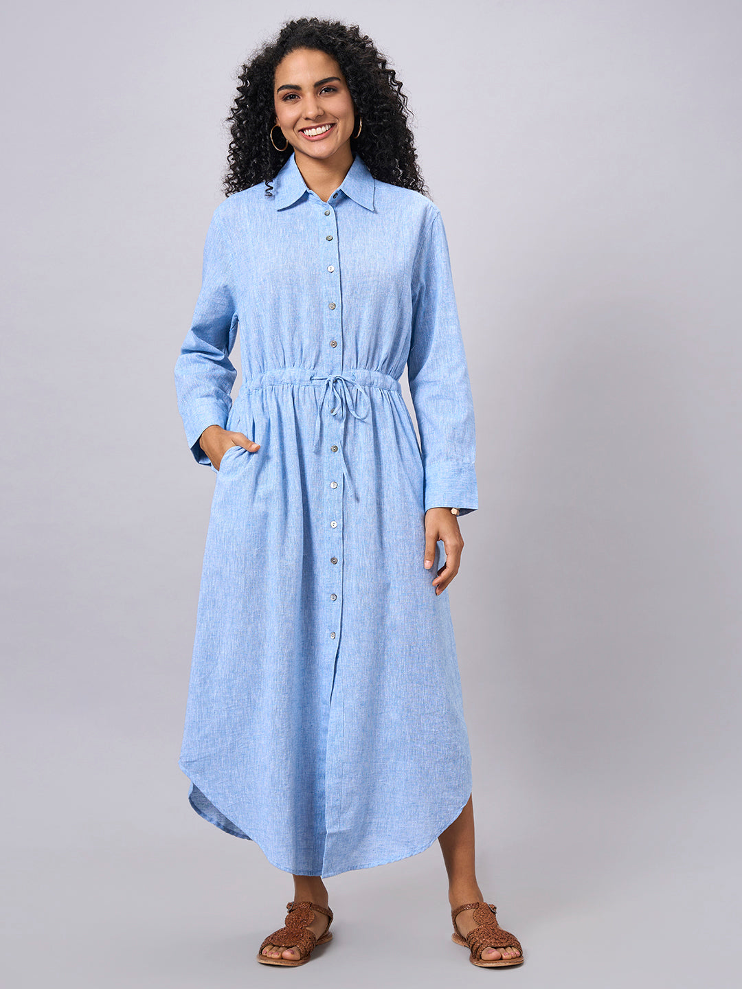 Women's Blue Cotton Linen Regular Fit Dress