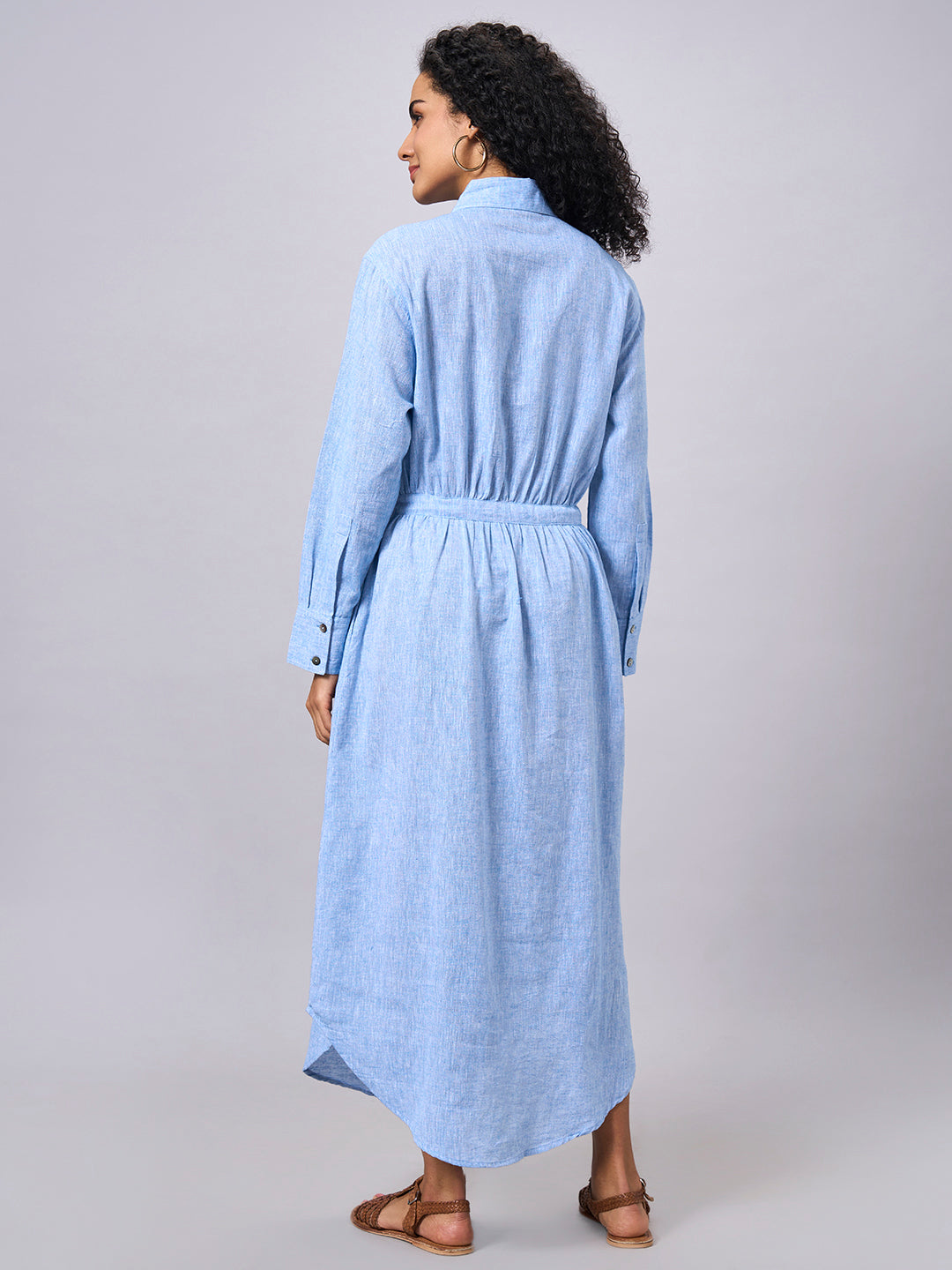 Women's Blue Cotton Linen Regular Fit Dress