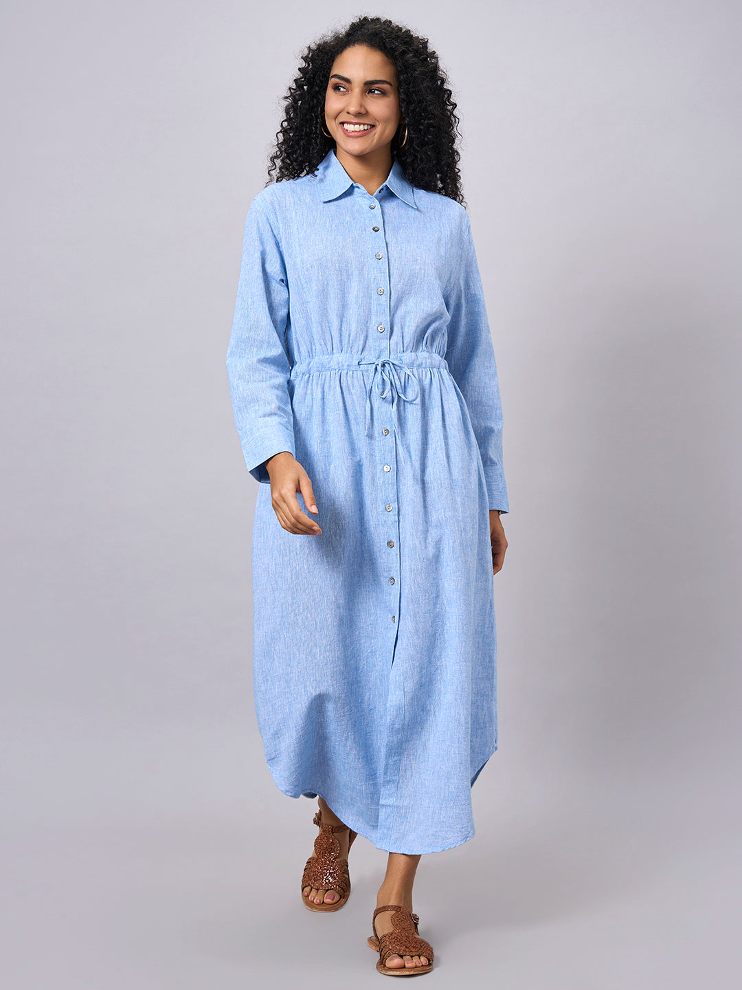 Women's Blue Cotton Linen Regular Fit Dress