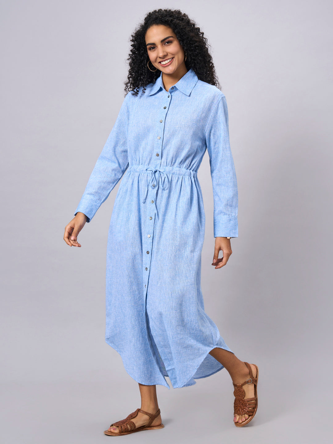Women's Blue Cotton Linen Regular Fit Dress