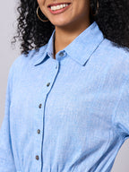 Women's Blue Cotton Linen Regular Fit Dress