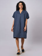 Women's Blue 100% Linen Boxy Fit Dress