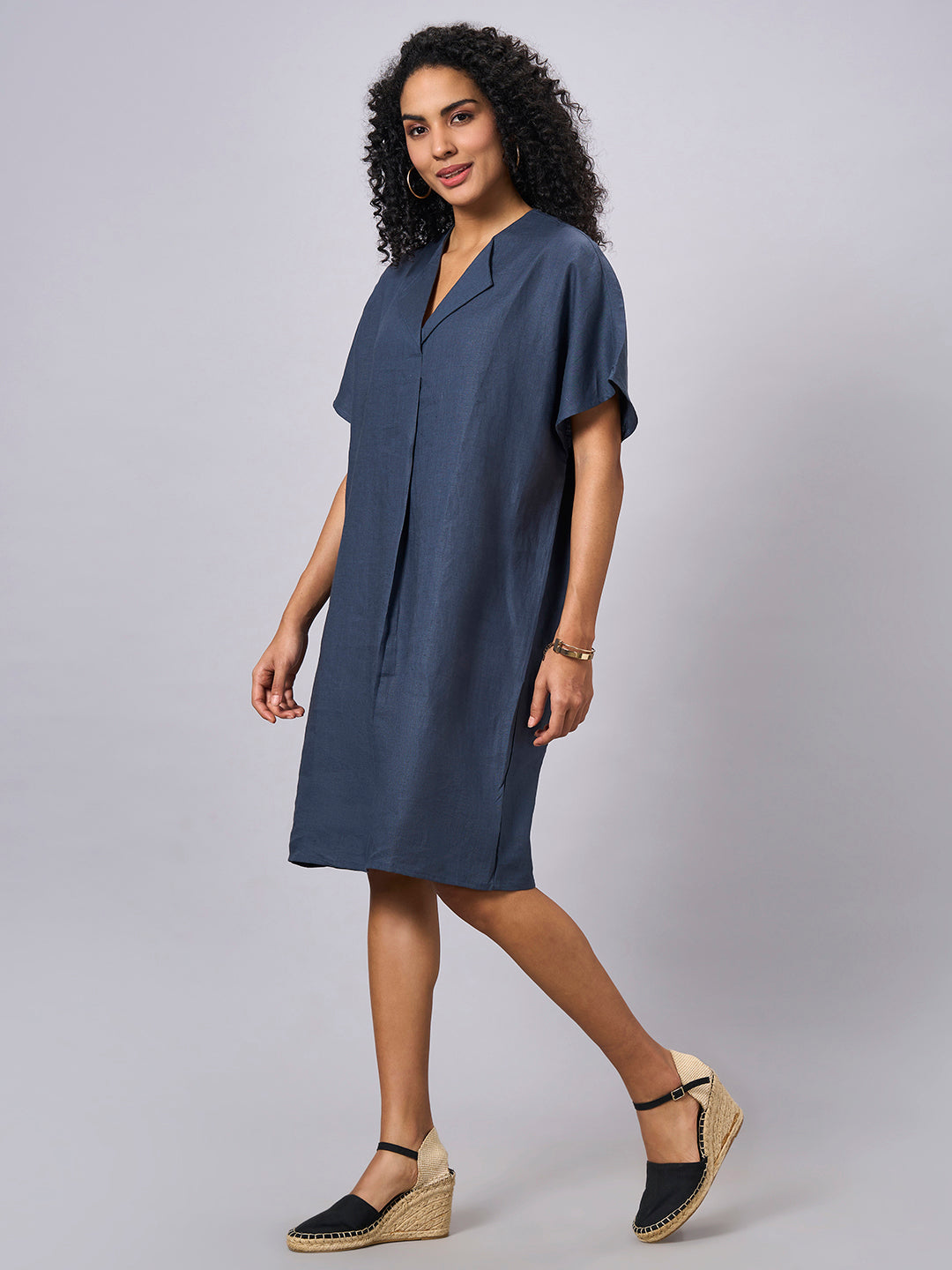 Women's Blue 100% Linen Boxy Fit Dress