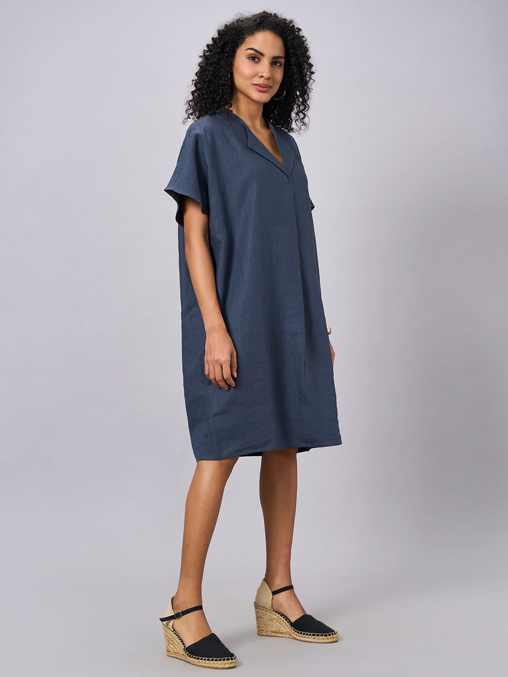 Women's Blue 100% Linen Boxy Fit Dress