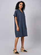 Women's Blue 100% Linen Boxy Fit Dress