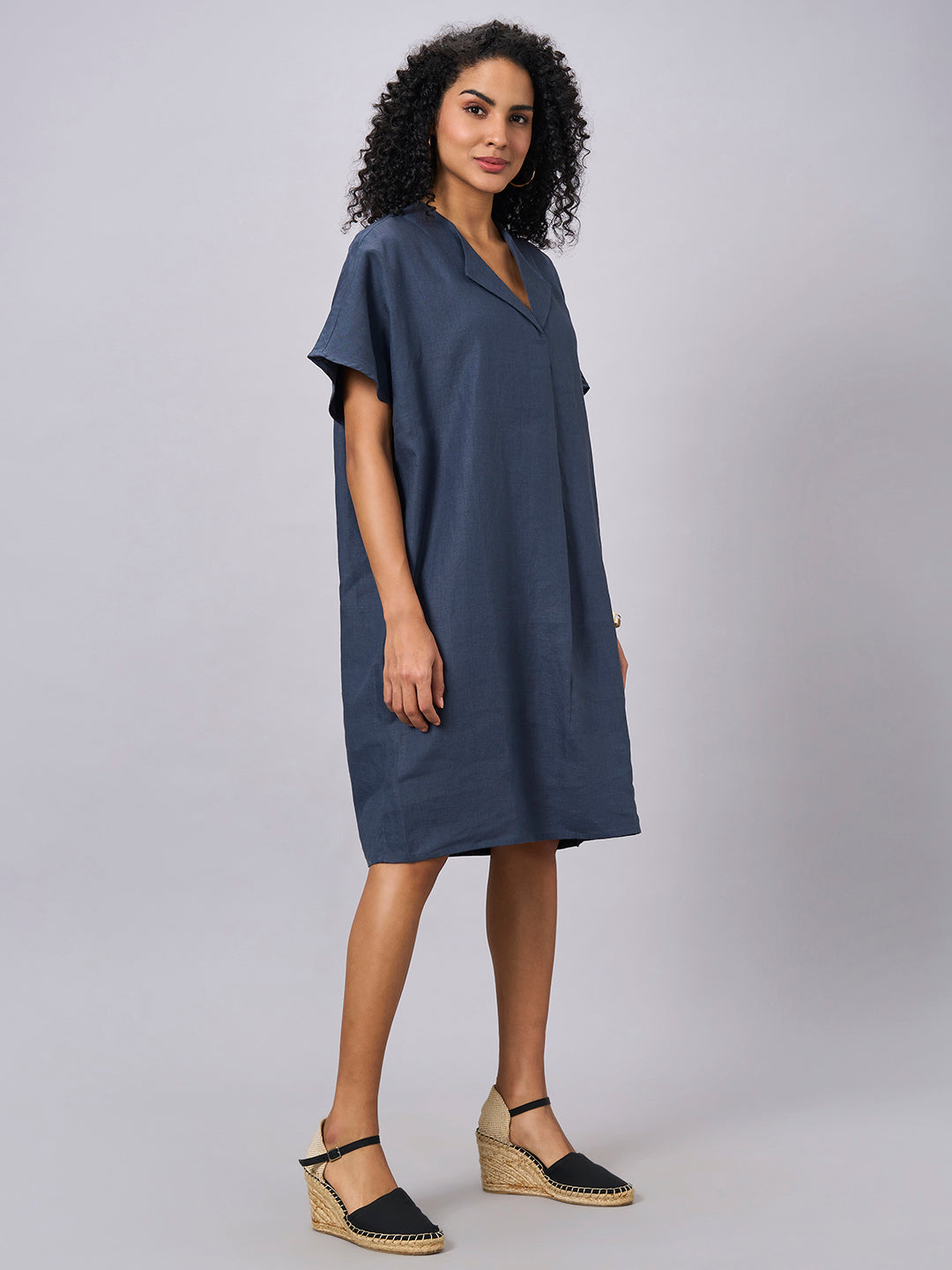 Women's Blue 100% Linen Boxy Fit Dress