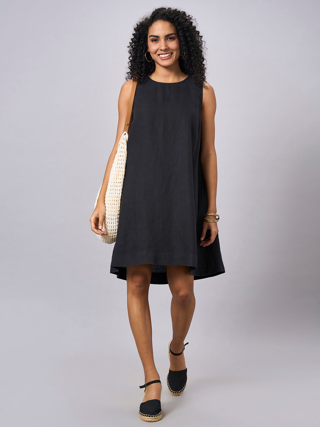 Women's Black 100% Linen Regular Fit Dress