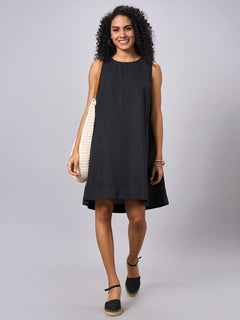 Women's 100% Linen Regular Fit Dress Black
