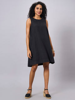 Women's 100% Linen Regular Fit Dress Black