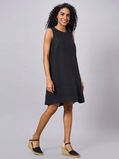 Women's 100% Linen Regular Fit Dress Black