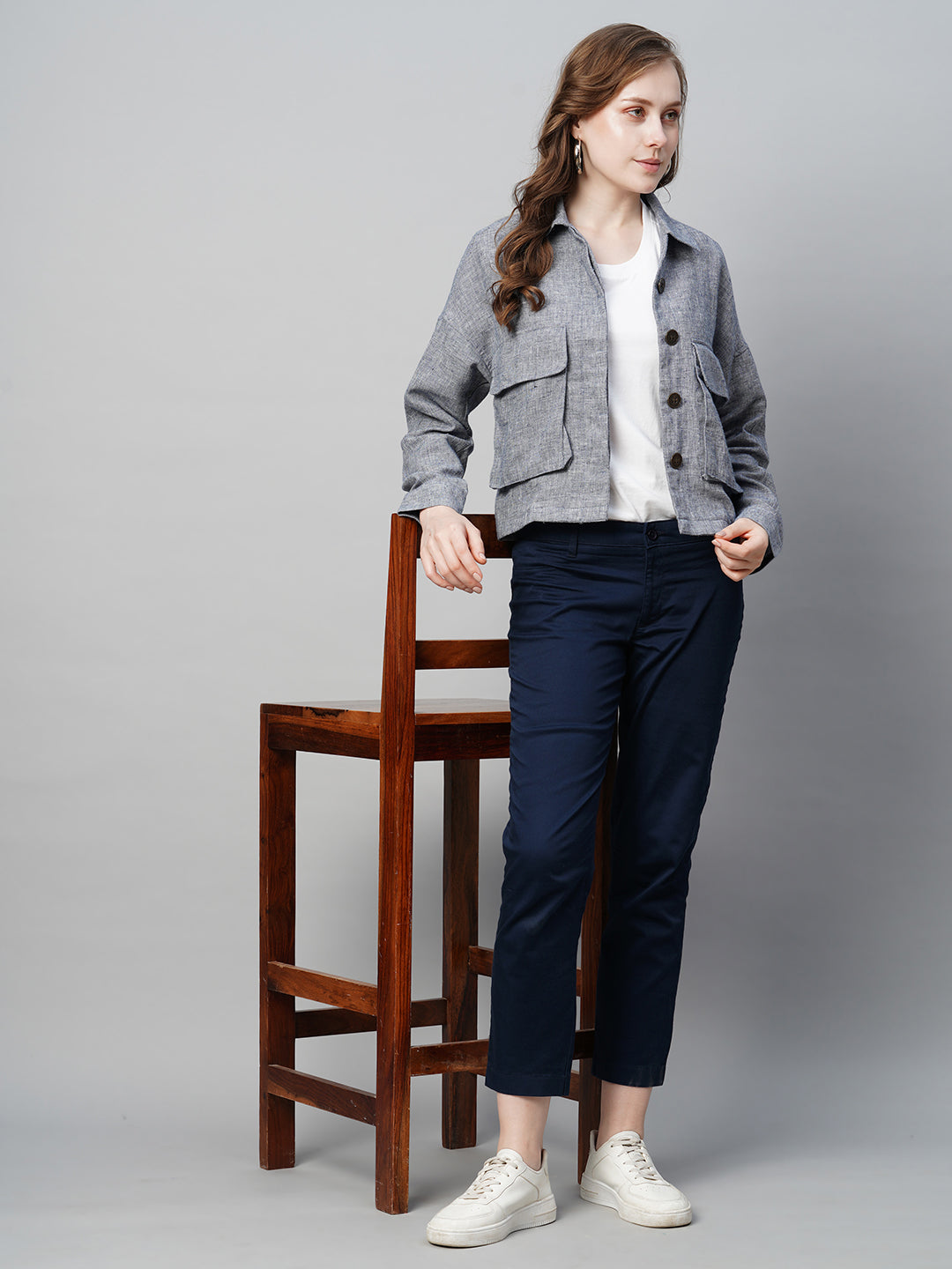 Women's Cotton Linen Navy Regular Fit Jacket