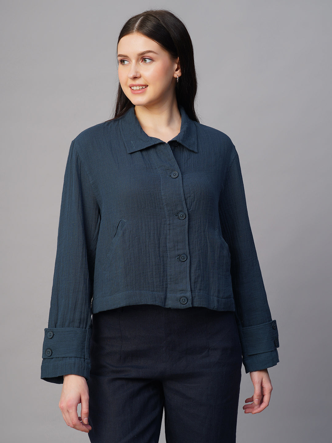 Women's Blue 100% Cotton Boxy Fit Jacket