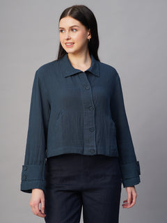 Women's 100% Cotton Boxy Fit Jacket Blue