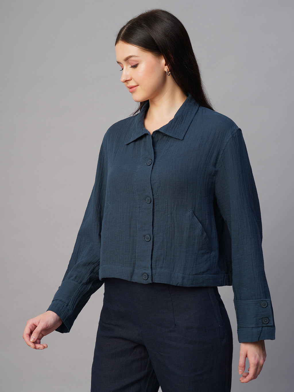 Women's Blue 100% Cotton Boxy Fit Jacket
