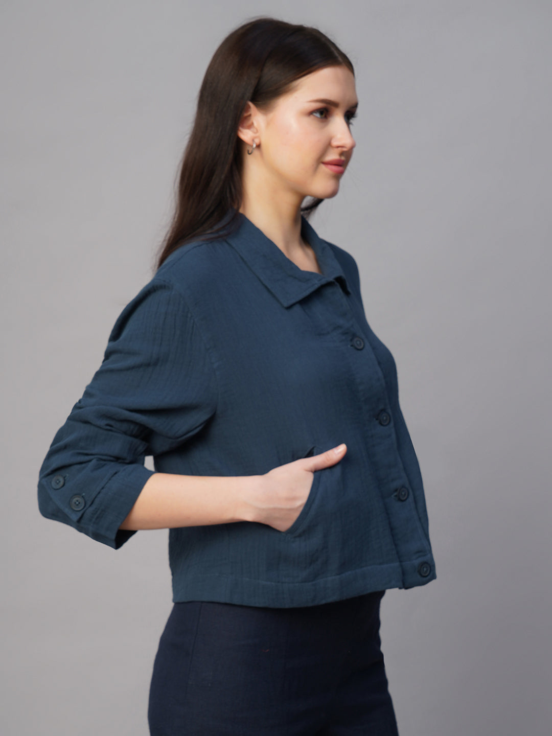 Women's Blue 100% Cotton Boxy Fit Jacket
