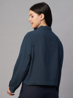 Women's 100% Cotton Boxy Fit Jacket Blue