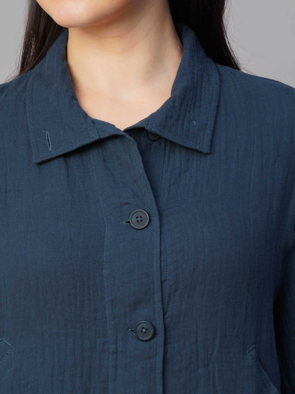 Women's Blue 100% Cotton Boxy Fit Jacket