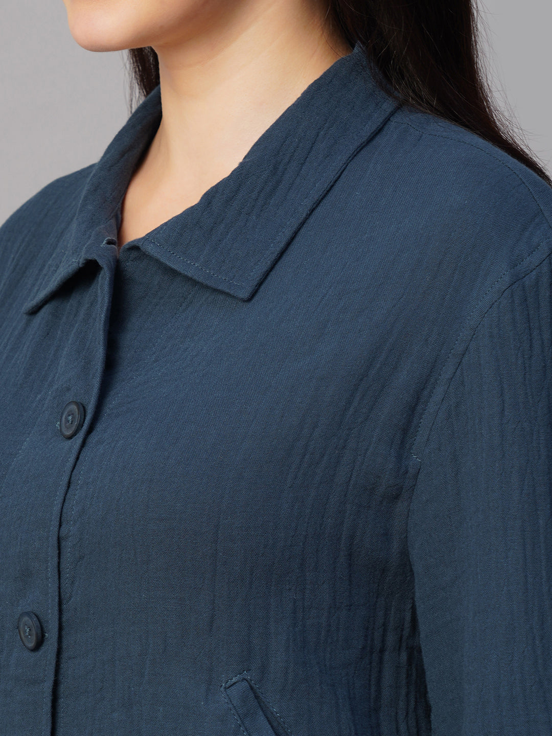 Women's Blue 100% Cotton Boxy Fit Jacket