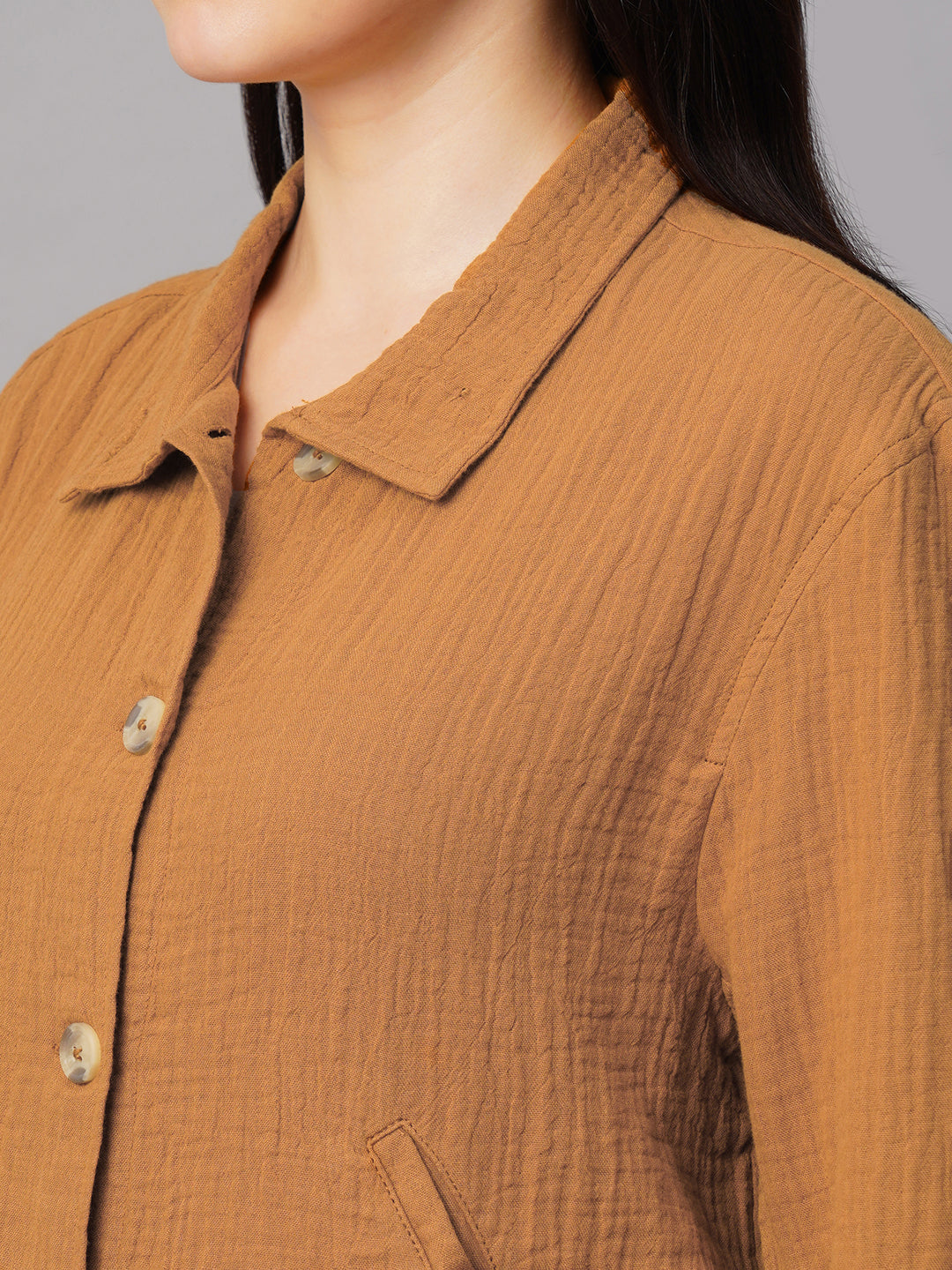 Women's Mustard 100% Cotton Boxy Fit Jacket