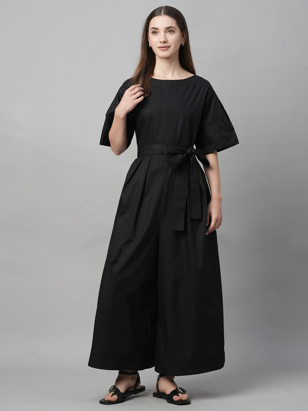 Women's Black Cotton Boxy Fit Jumpsuit