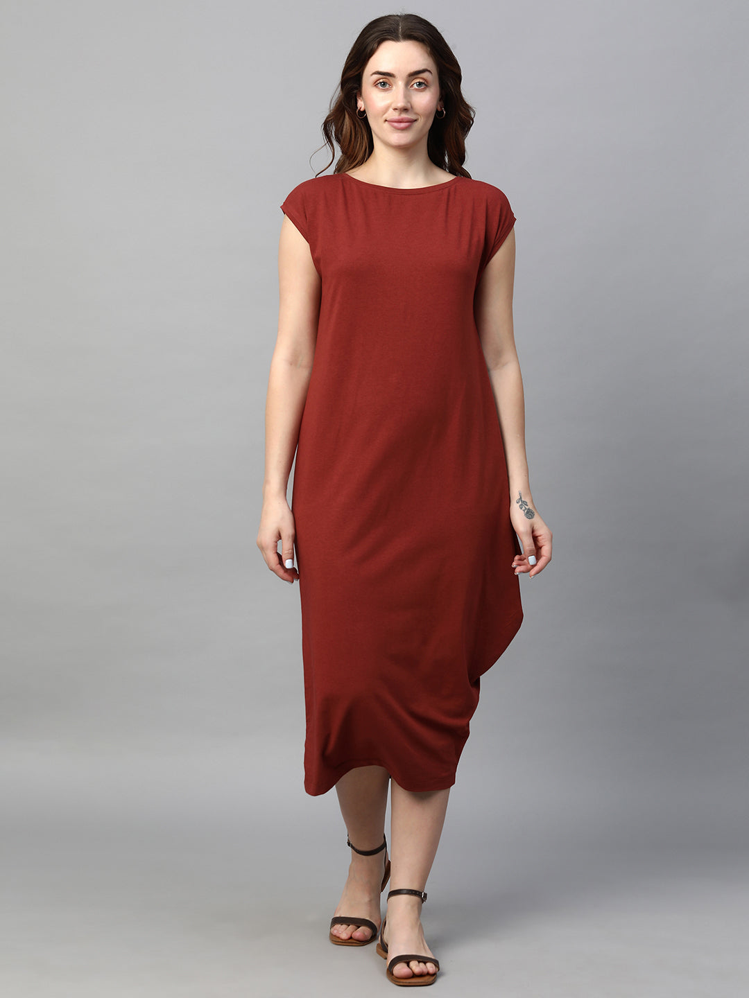 Women's Red Cotton Bamboo Elastane Regular Fit Kdress