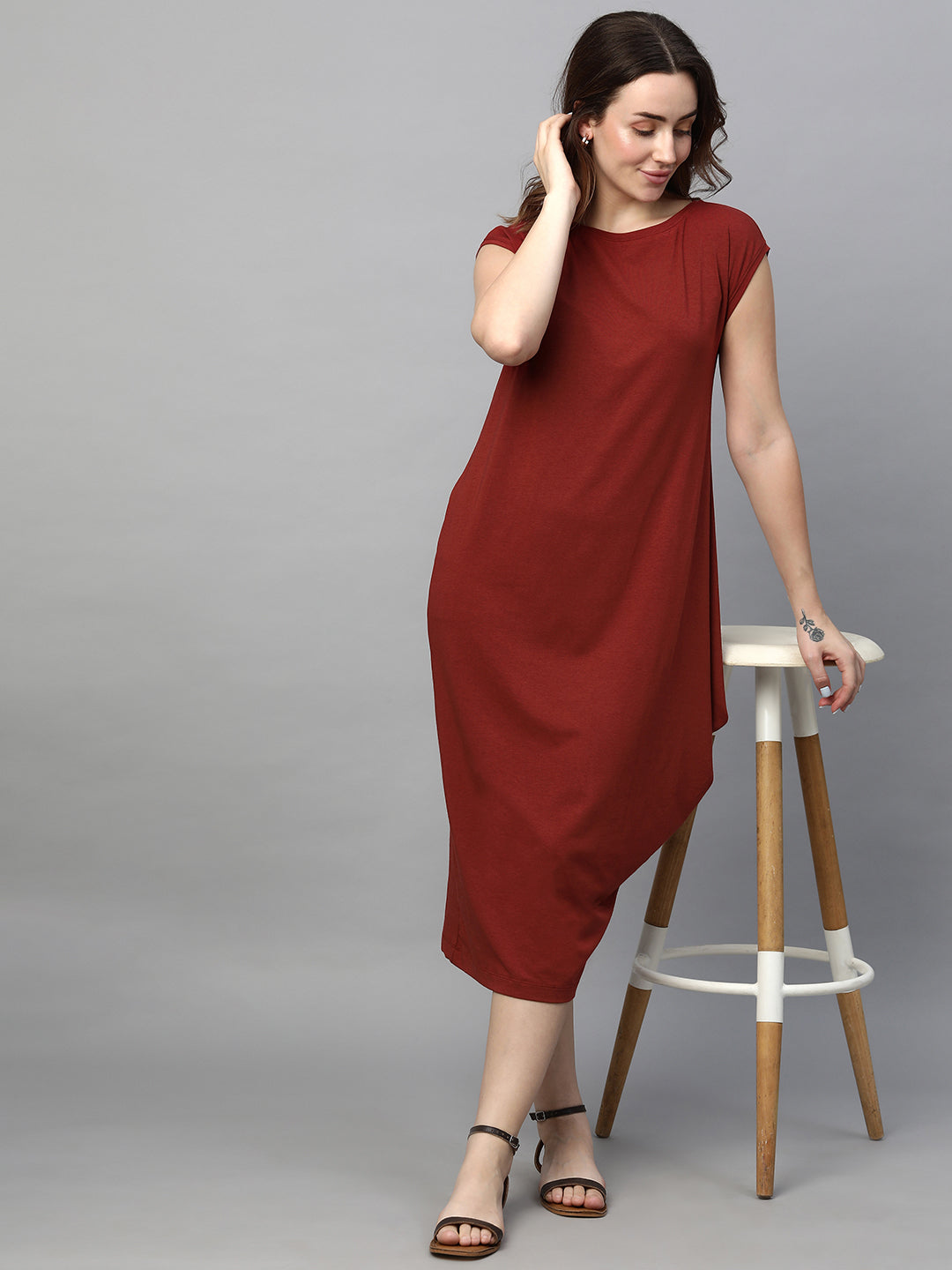 Women's Red Cotton Bamboo Elastane Regular Fit Kdress