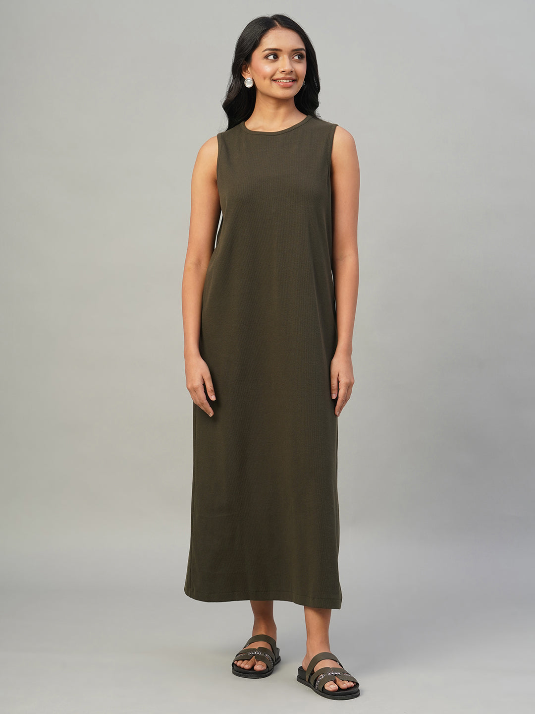 Women's Brown Cotton Elastane Regular Fit Knit dress