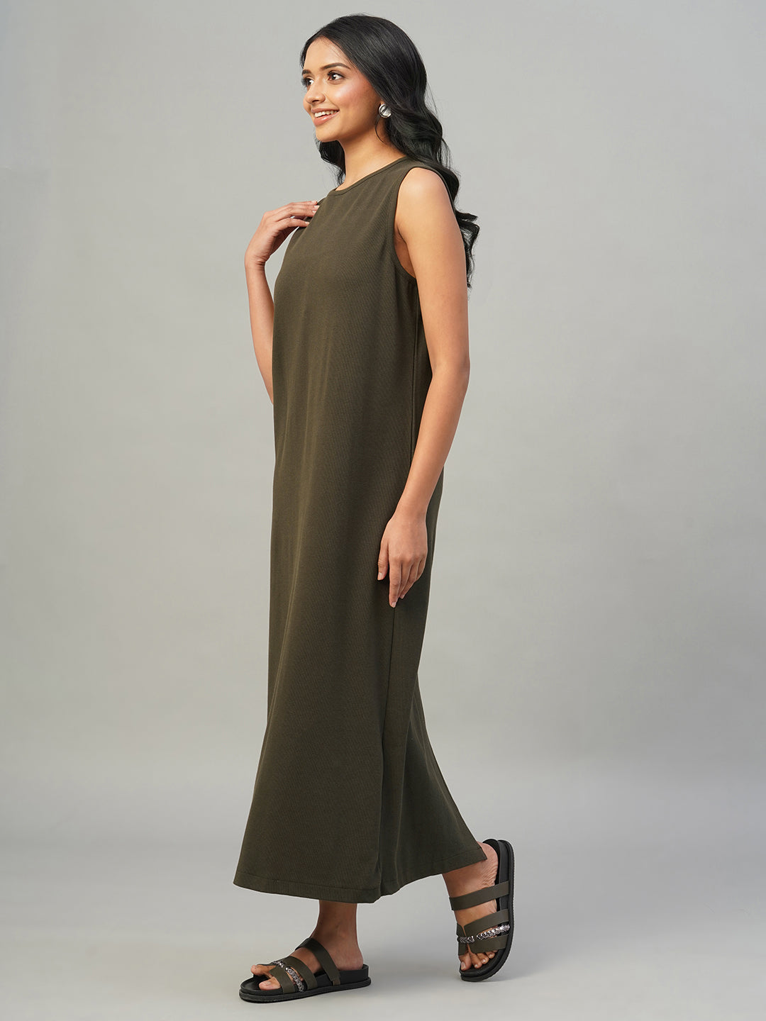 Women's Brown Cotton Elastane Regular Fit Knit dress