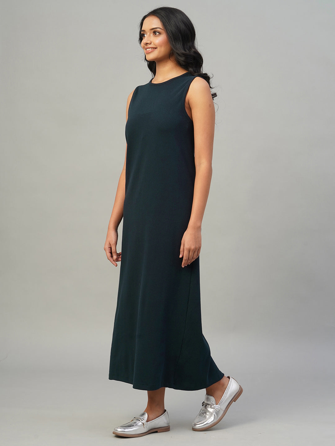 Women's Navy Cotton Elastane Regular Fit Knit Dress