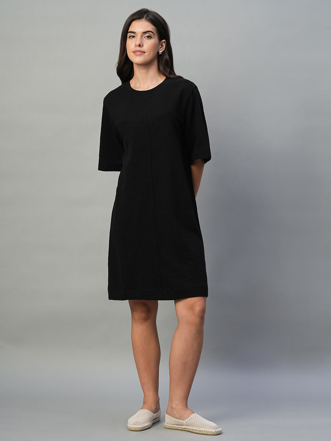 Women's Black 100% Cotton Regular Fit Knit Dress