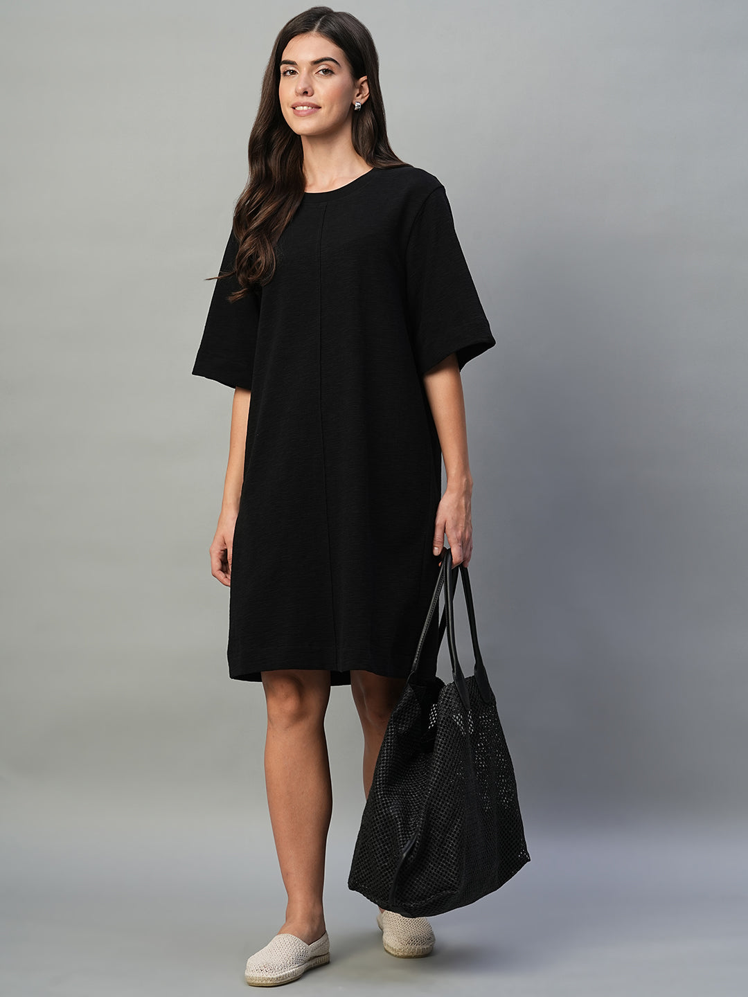 Women's Black 100% Cotton Regular Fit Knit Dress