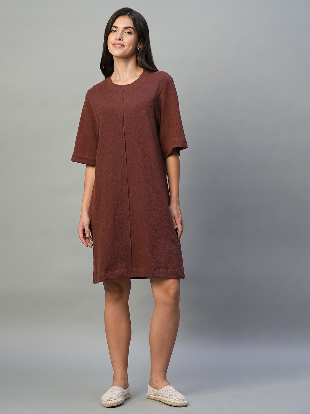 Women's Wine 100% Cotton Regular Fit Knit Dress