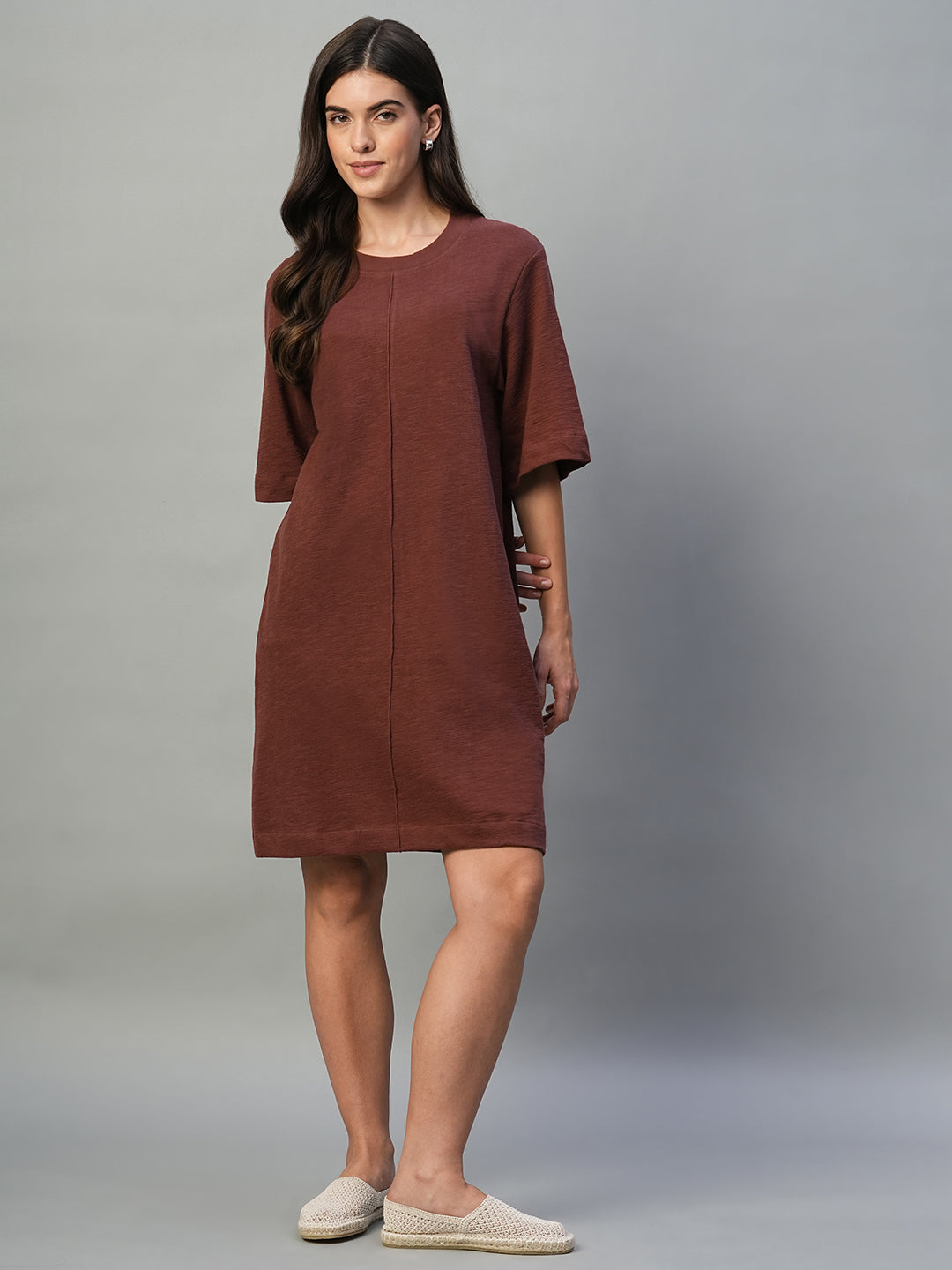 Women's Wine 100% Cotton Regular Fit Knit Dress