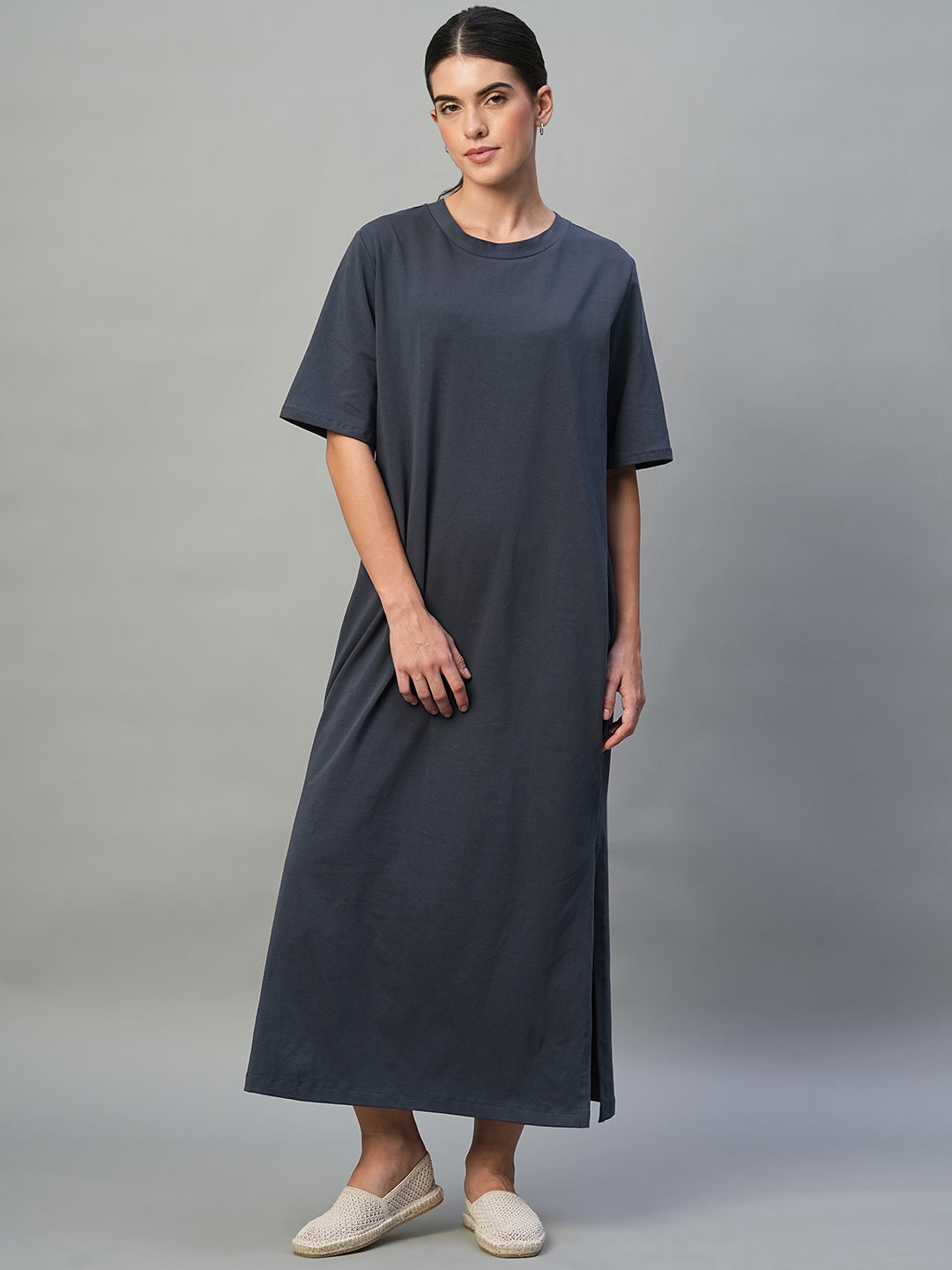 Women's Navy Cotton Elastane Regular Fit Knit Dress