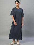 Women's Navy Cotton Elastane Regular Fit Knit Dress