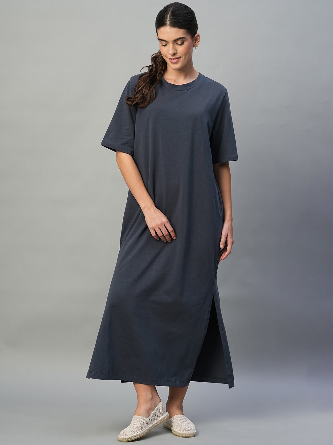 Women's Navy Cotton Elastane Regular Fit Knit Dress