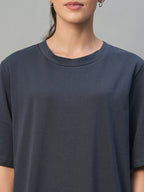 Women's Navy Cotton Elastane Regular Fit Knit Dress