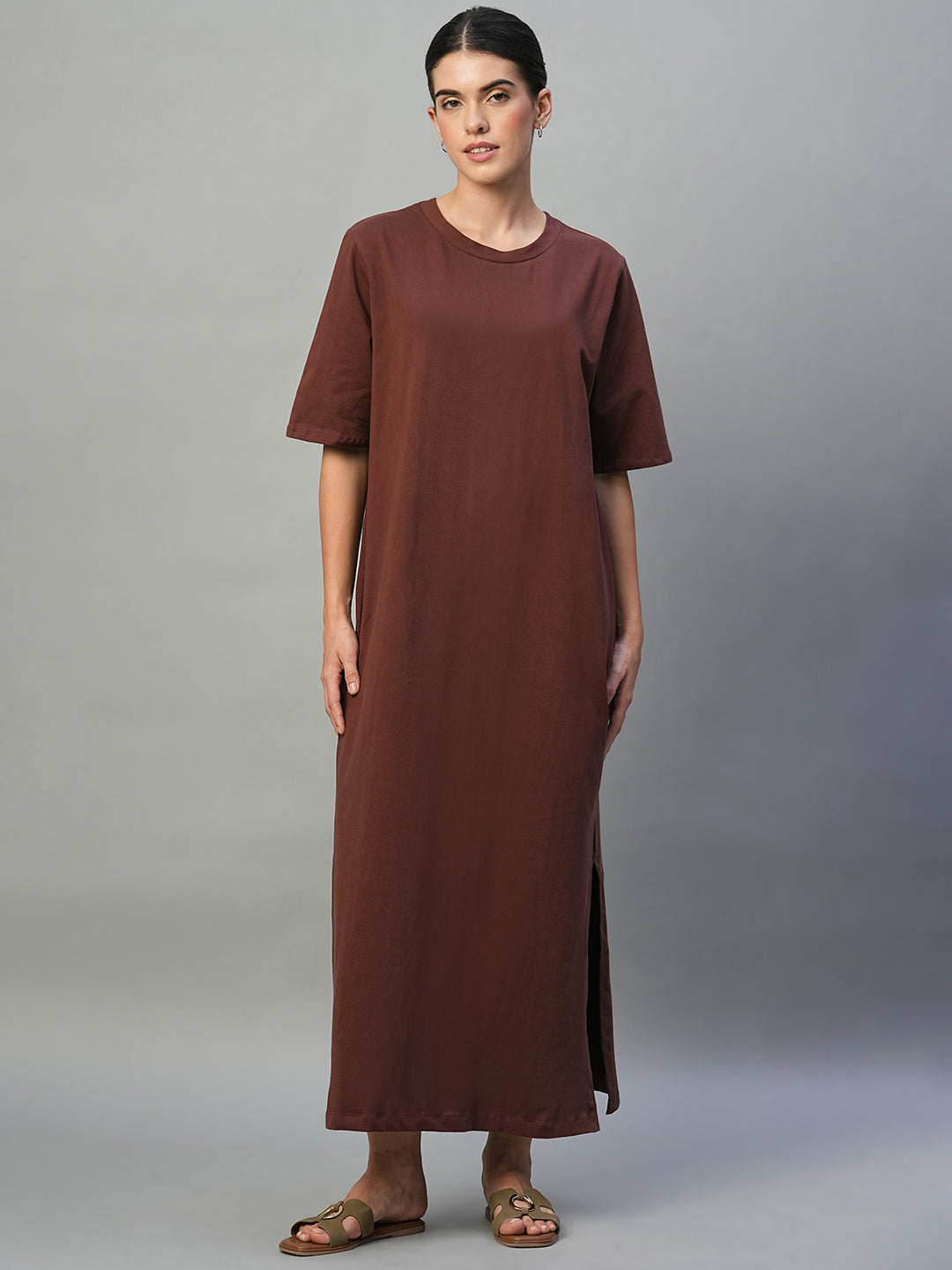 Women's Wine Cotton Elastane Regular Fit Knit Dress