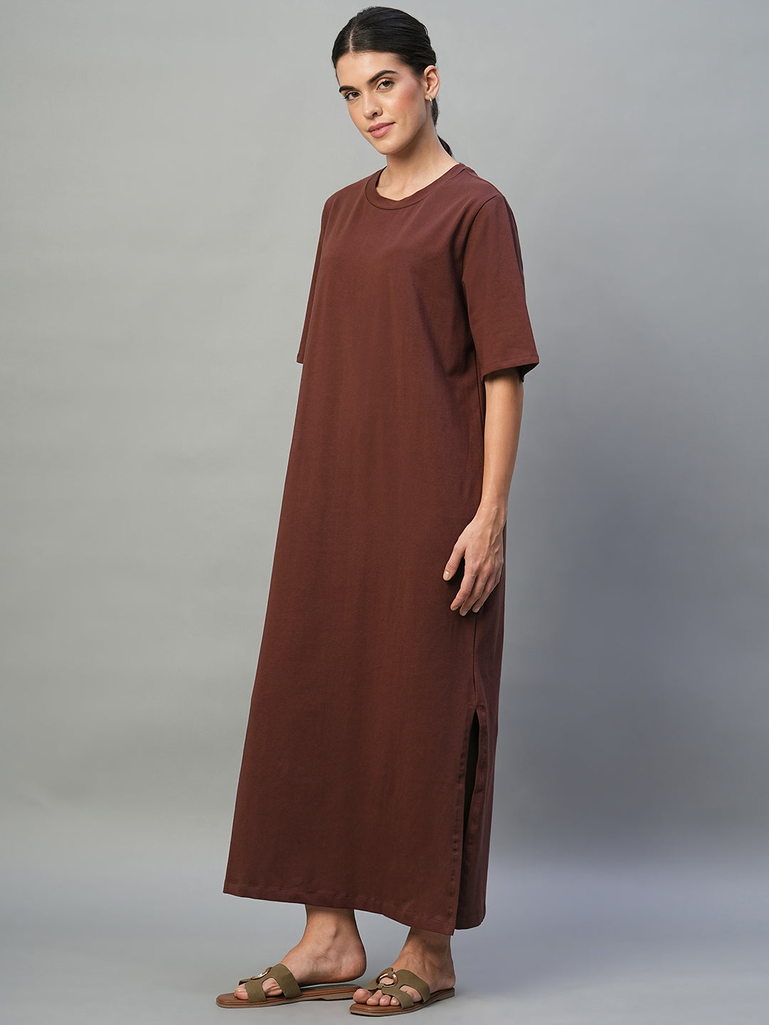 Women's Wine Cotton Elastane Regular Fit Knit Dress