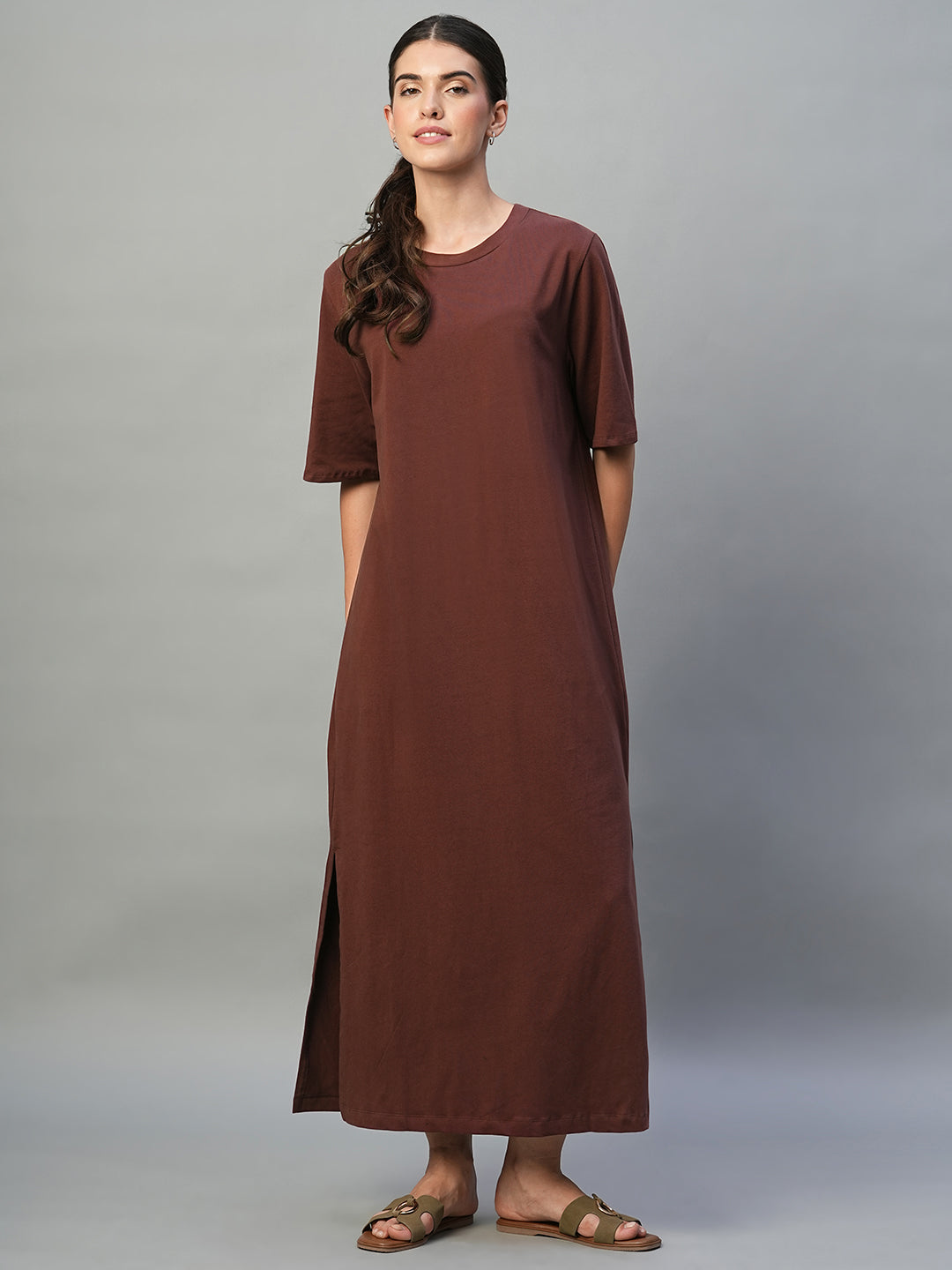 Women's Wine Cotton Elastane Regular Fit Knit Dress