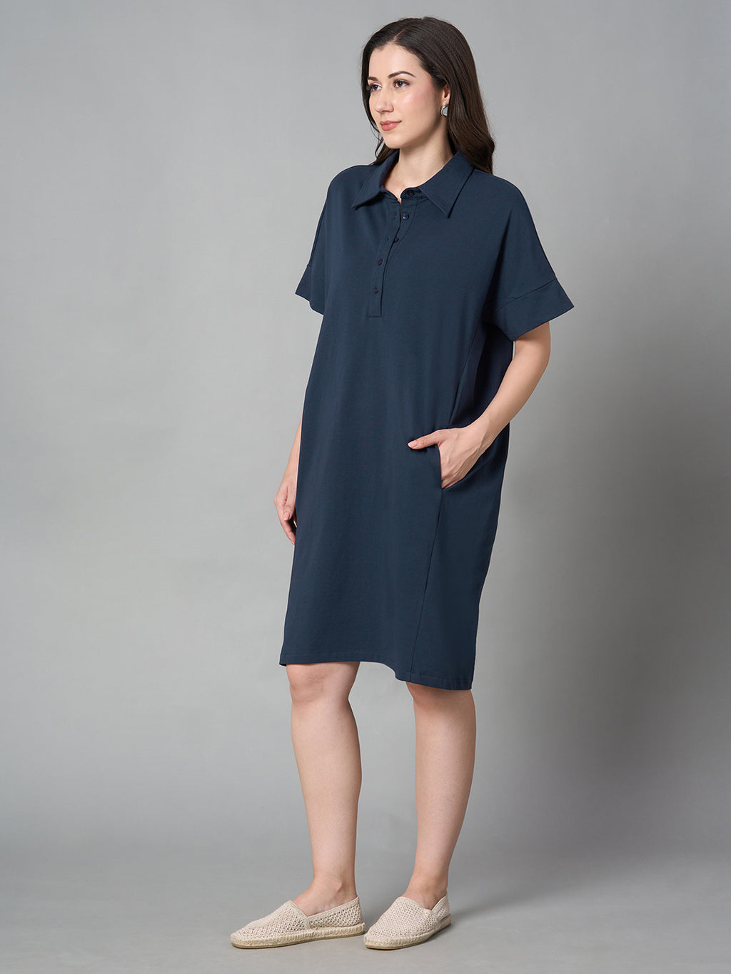 Women's Blue Cotton Elastane Regular Fit Kdress