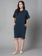 Women's Blue Cotton Elastane Regular Fit Kdress