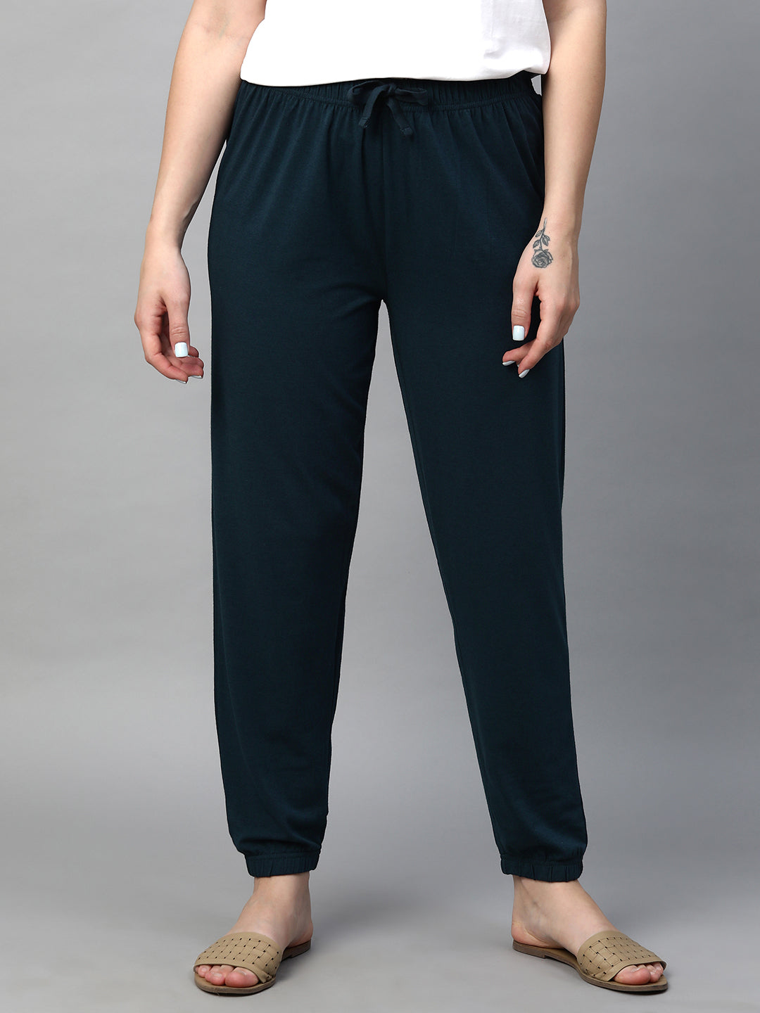 Women's Dark Blue Cotton Bamboo Elastane Regular Fit Pant