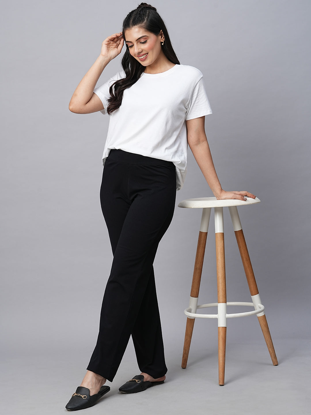 Women's Cotton Elastane Black Regular Fit Kpant
