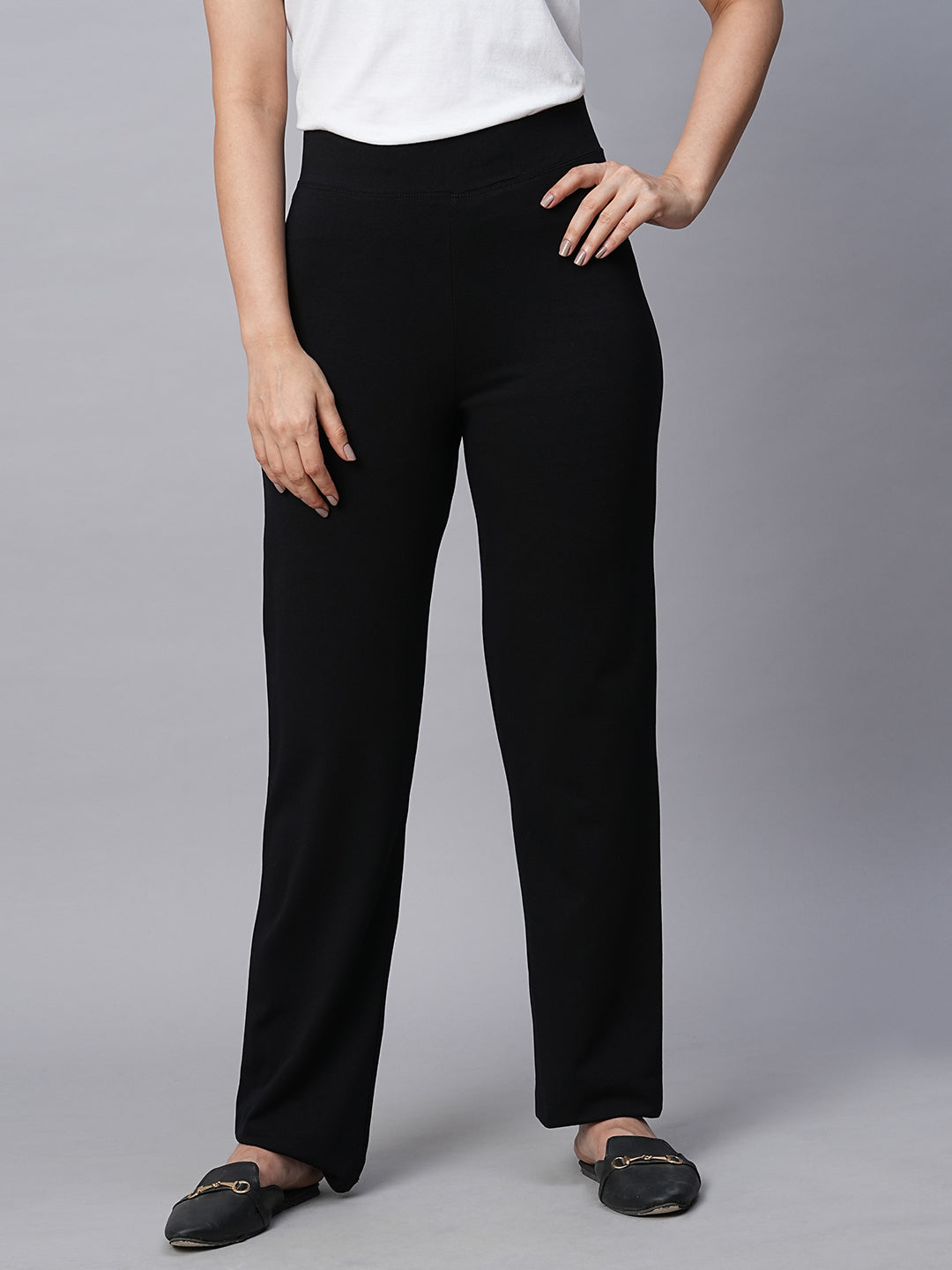Women's Cotton Elastane Black Regular Fit Kpant