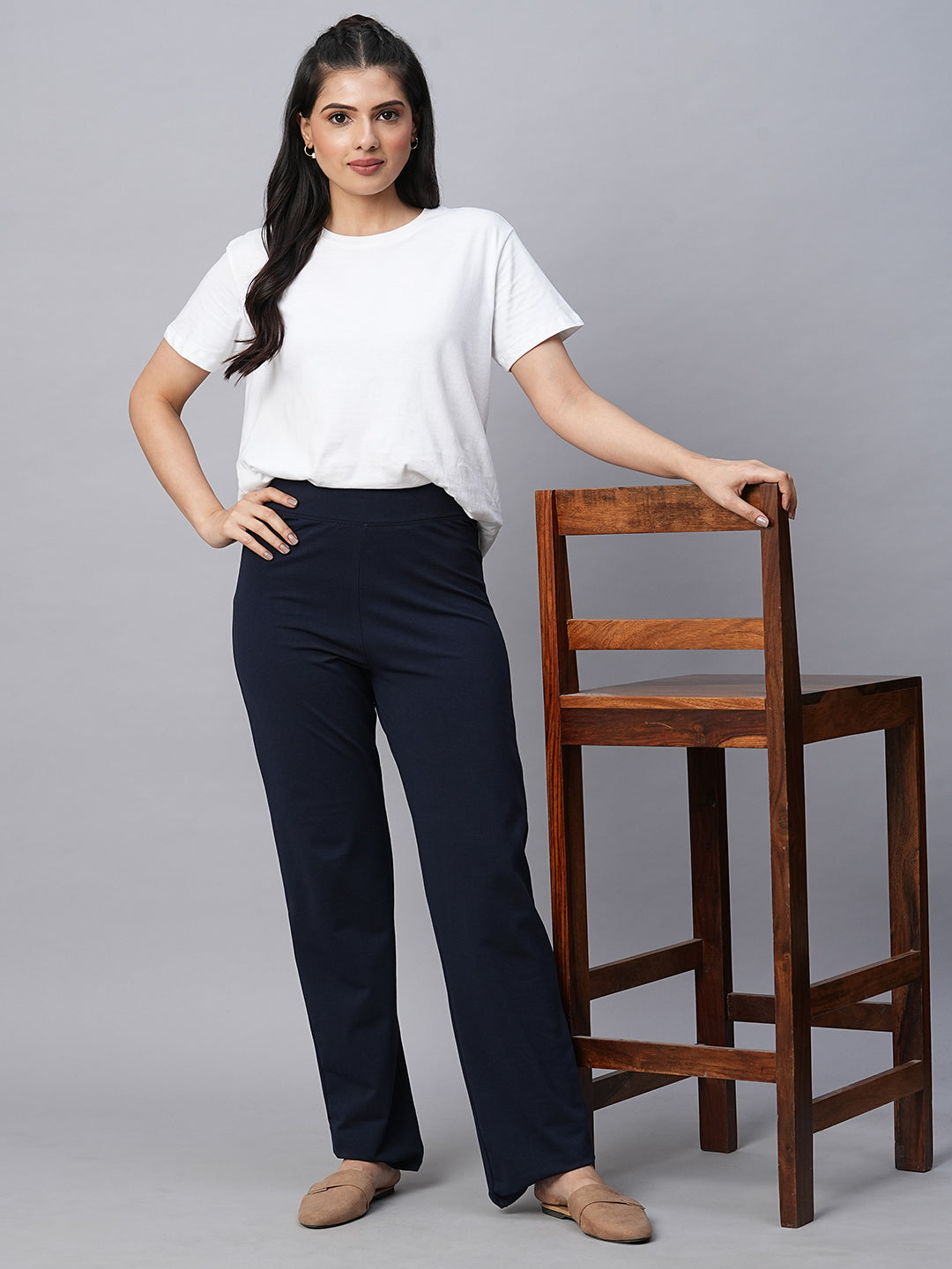 Women's Navy Cotton Elastane Regular Fit Kpant