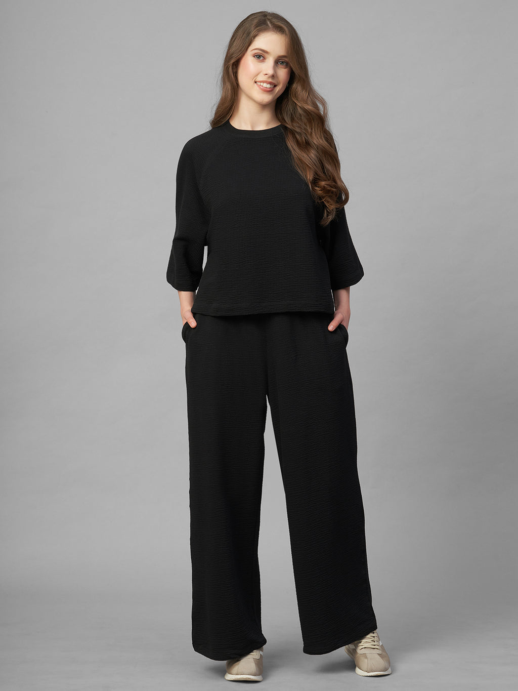 Women's Black Cotton Elastane Loose Fit Knit Pant